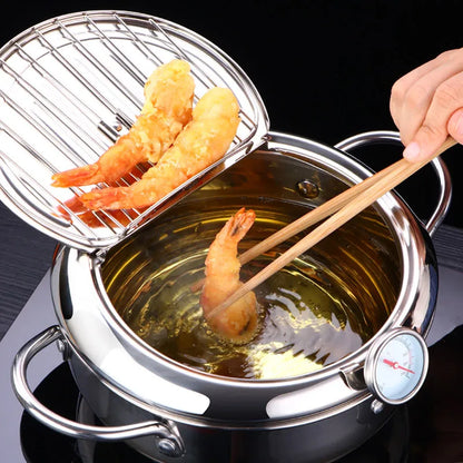 Stainless Steel Japanese Deep Frying Pot with Thermometer | Precision Cooking Made Easy